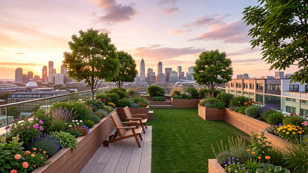 Lush rooftop garden with city skyline views