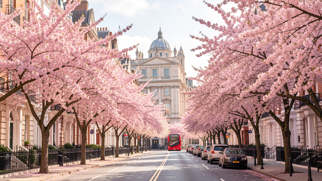 London spring skyline with cherry blossoms